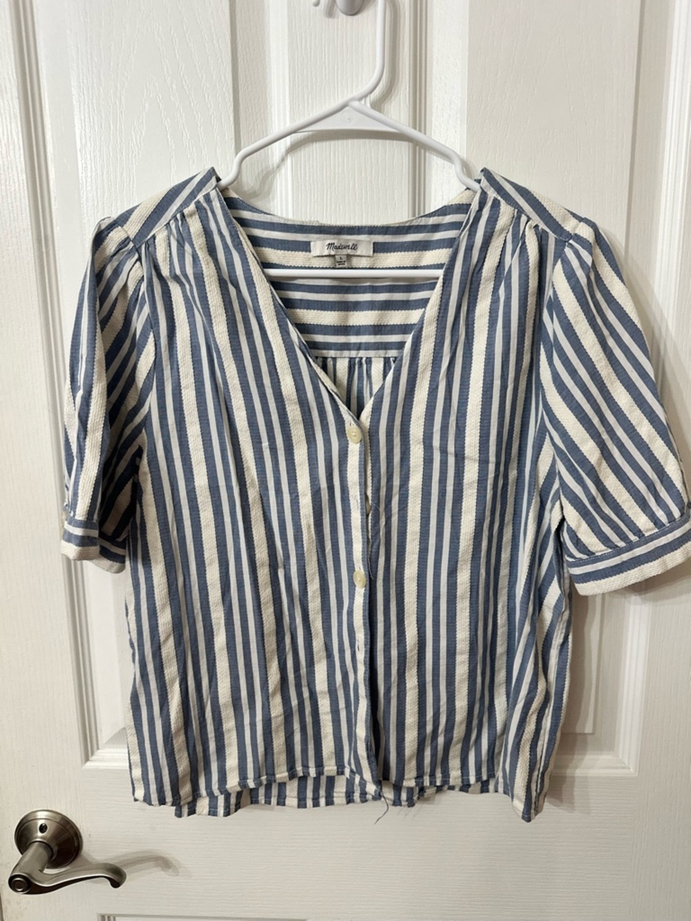 Madewell Blue and White Striped Button-Front Blouse